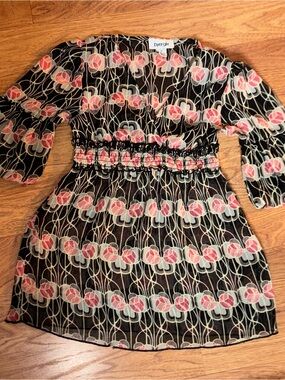 byer girl Floral V-Neck Sheer Top - Black with Pink & Gray Flowers